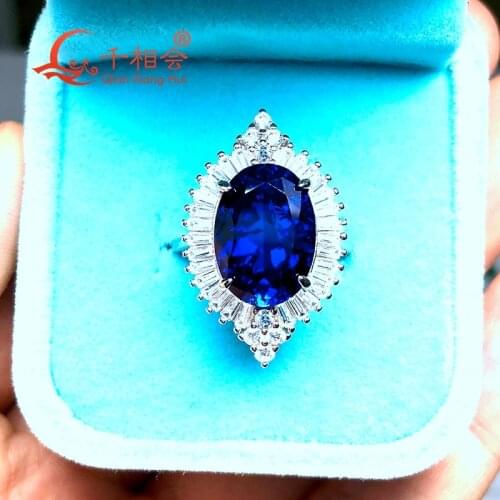 Artificial blue color sapphire flower 925 silver Adjustable ring with 10*14mm 7.3ct main stone for jewelry