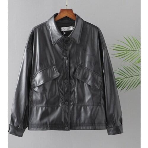 Plus Size Leather Jacket For Women Long Sleeve Lapel Buttons Waterproof Leather Jacket Plus Large Size Coat For Fatwomen Autumn