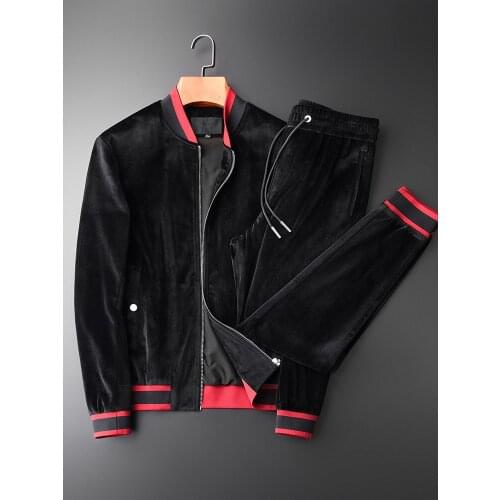 21C Pleuche Sweatshirts Men Winter And Autumn Contrast Color Rib Casual Sport Sets (sweatchirt+pants) Slim Fit Plus Size 4XL