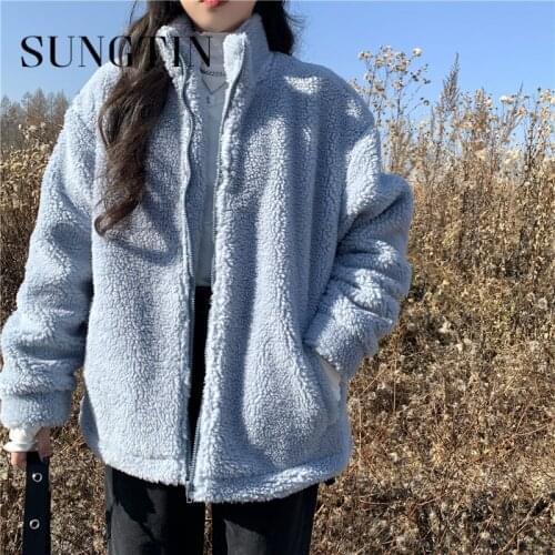 Sungtin 2020 Solid Faux Lamb Wool Coat Women Winter Stand Collar Loose Casual Jacket Vintage Thick Harajuku Korean Clothes Lady