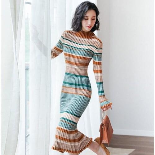 High Quality Women Sweater Dress Full Sleeve Turtleneck Elegant 2021 New Winter Casual Lady Bodycon Knitted Long Vestidos