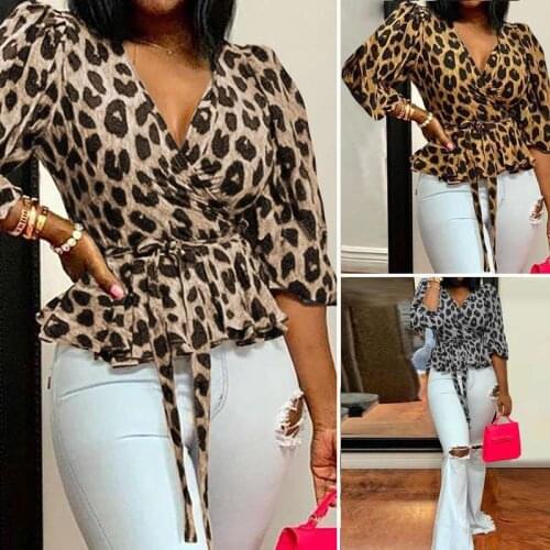 Summer T Shirt Women 2021 v-neck long-sleeve loose leopard grain couture now Female Tee Tshirts dropshipping CJYG051