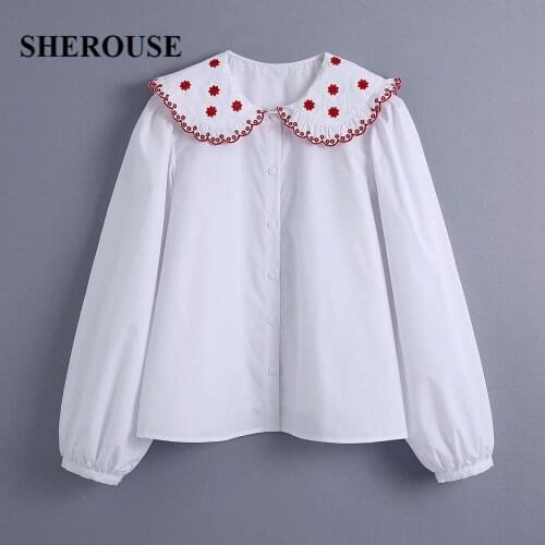 SHEROUSE 2021 Women Fashion Solid Embroidery Single Breasted Shirts Peter Pan Collar Long Sleeve Vintage Female Blouse Chic Tops