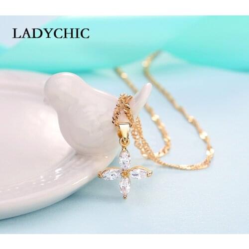 LADYCHIC Lucky Crystal Four Leaf Pendant Necklaces Cute Dainty Gold Color Clear Zircon Necklace Romantic Birthday Gifts LN1134