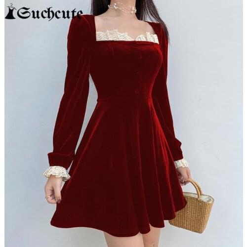 SUCHCUTE 2021 Spring Y2K Aesthetic Lace Trim Mini Dress Partywear Ladies Elegent Long Sleeve Gothic Casual Dresses Korean Style