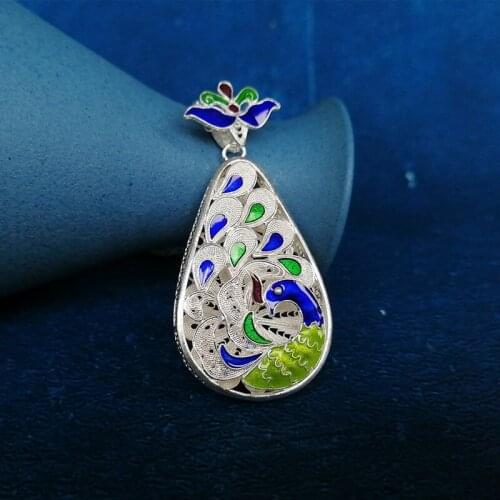 Water Drop Peacock 999 Sterling Silver Pendant Necklace Women Blue Cloisonne Enamel Pendants Vintage Handmade Luxury Jewelry
