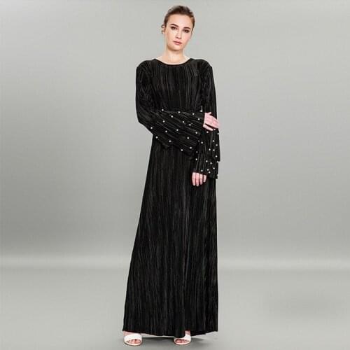 TUHAO Elegant Pleated Dress Beading Flare Sleeve Plus Size 3XL Vintage Maxi Long Hepburn Style Dresses with Sashes CM135
