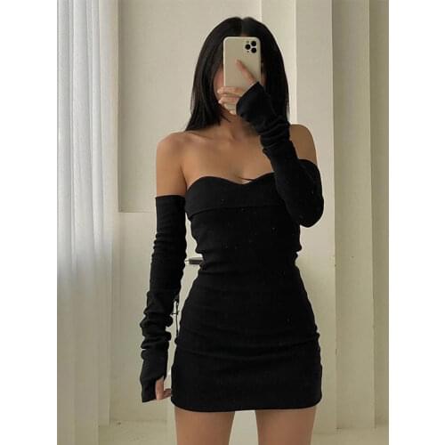 Vintage Gothic Sexy Tube Top Women Dresses Off Shoulder Gloves Streetwear Party Dress Outfits Elegant Women Clothing Mini Dress