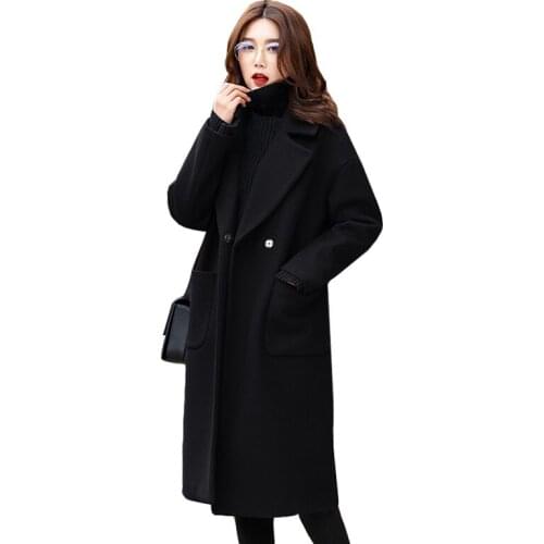 Women Woolen Blended Coat Autumn Winter Black Long Cashmere Woolen Coat Oversize itself Female Thick Warm Wool Jacket A192