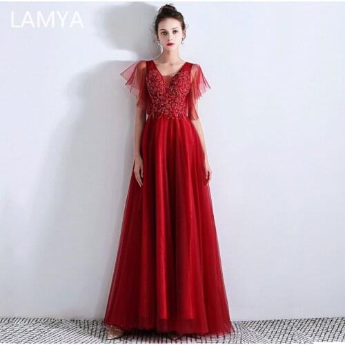 LAMYA Luxurious Long Evening Dresses Sexy V-Neck Formal Party Dress Elegant Beading Tulle Prom Gown Customized Robe De Soiree