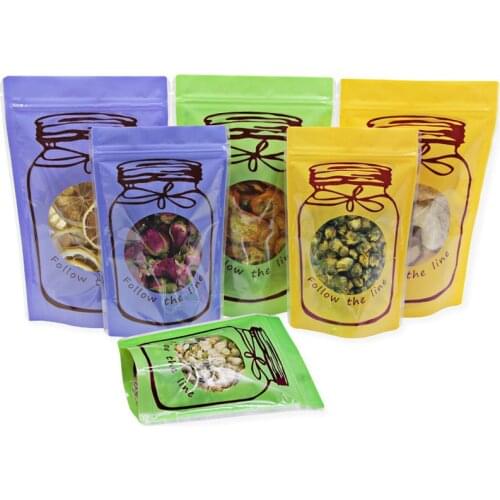 100pcs Flat/ Stand Up Zipper Pouches Bag with Clear Window Mason Jar Bottle Drawing Zip Lock Plastic Bags for Food Fruit Dry