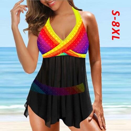 2021 New Large Size 8XL Push Up Tankini Set Swimsuit Women Swimwear Colorful Print Bathing Suit Beach Swim Plus Size Female