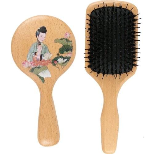 Beech Natural Boar Bristles Anti-static Wooden Massage Comb HD Round Mirror Wood Handle Makeup Mirror Styling Tool