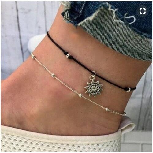Bohemian double layer ancient silver alloy Sun Pendant Chain Beads Bracelet