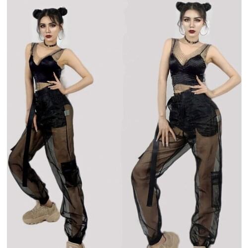 Nightclub Dj Ds Black Mesh Tops Gauze Pants Pole Dancing Clothes Hip Hop Jazz Gogo Clothes Festival Clothing Rave Outfit DQL5705