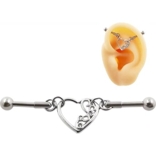 JHJT 14G Stainless Steel Industrial Barbell Piercing Heart Earring Straigh Bar Cartilage Ear Piercing Barbells Body Jewelry 38mm