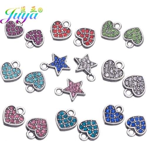 Juya 20pcs/lot DIY Gold/Tibetan Silver Color Cz Rhinestones Heart Star Charm Pendants For Women Fashion Jewelry Making
