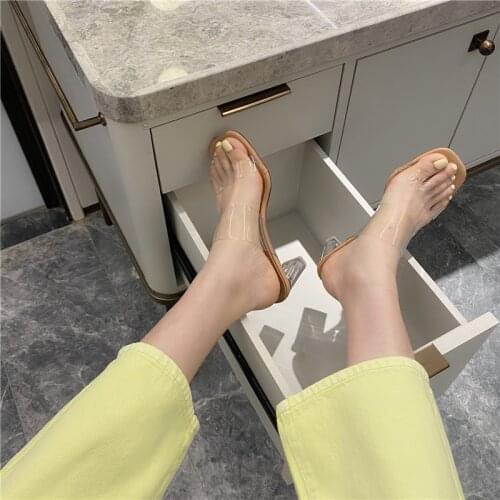 Summer Flip Flops Slippers Clear Transparent Med Heel Slides Fashion Round Ball Heel Slipper Sandals For Shoes Women plus size