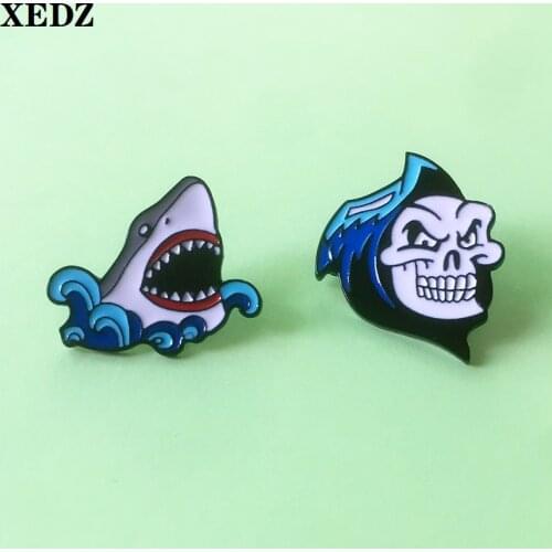 Shark and skull metal pins gothic skeleton ocean wave open mouth shark enamel animal badge shirt lapel pin jewelry friend gift