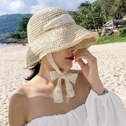 Mingjiebihuo New fashion lace bow straw hat folding handmade visor Cool wild women girls free shopping