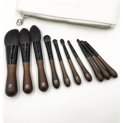 10Pcs Goat Hair Makeup Brushes Set Professional Natural Wood Powder Blush Highlighter Eyeshadow Cosmetic Brush Kit with Bag