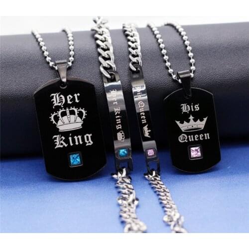 316L Stainless Steel Her King And His Queen Necklace Bracelet Set Pink Blue Crystal Weave Couple Jewelry Set No Fade