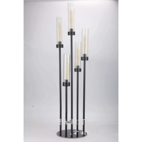New 5 Heads Black Candlestick Wedding Table Center Flower Stand Glass Candle Holder Party Metal Road Lead