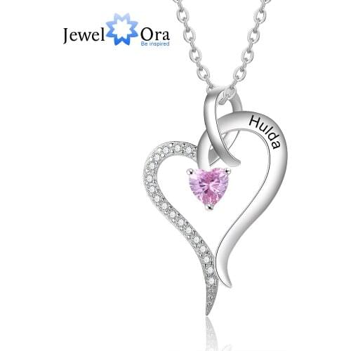 JewelOra Designer Personalized Birthstone Heart Necklaces for Women Customized Engraved Name Necklace Anniversary Gift Jewelry