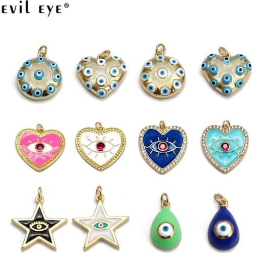Evil Eye Heart Star Round Turkish Evil Eye Pendant Copper Gold Color Pendant Charm for Necklace Jewelry Making Accessories BT158