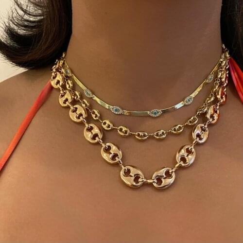 High Quality Classic Trendy Women Jewelry Gold Color Herringbone Snake Chain Micro Pave CZ Green Evil Eye Charm Choker Necklace