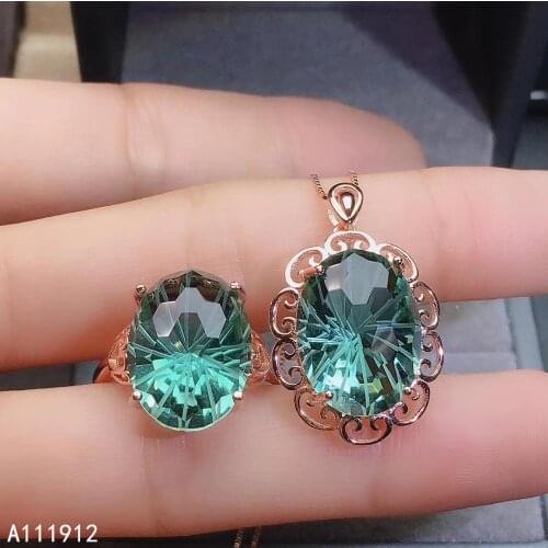 KJJEAXCMY fine jewelry Green crystal 925 sterling silver women pendant necklace chain ring set trendy