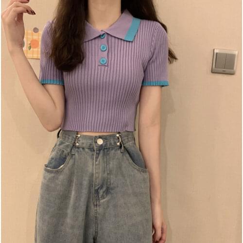Woman TShirts Color Matching Knitted Polo Shirt Womens Summer T-shirt 2021 Short-Sleeved Shirt Crop Top Mujer Camisetas