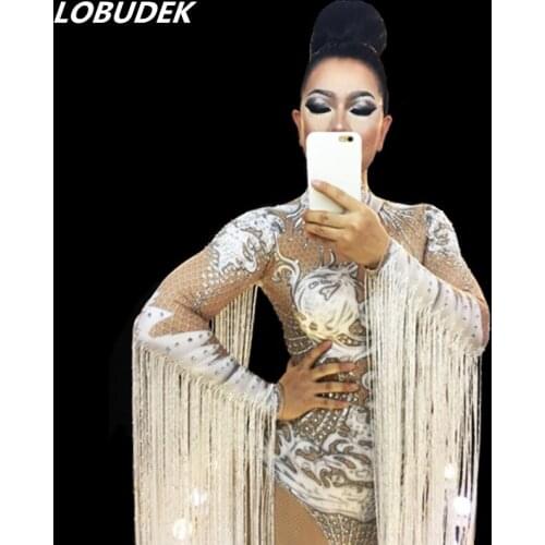 Female White long Tassels Bodysuit sexy Bright Crystals Leotard Catsuits singer dancer nightclub Stage costumes Bar Party show