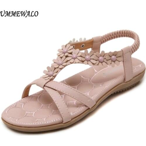 UMMEWALO Sandals Women Designer Thong Flat Strappy Sandals Flowers Rhinestone Gladiator Sandal Summer Shoes Zapatos Mujer