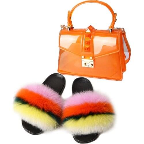 Women Colorful Fluffy Fur Slippers Ladies Plush Furry Fur Slides Match Jelly Rainbow Purse Travel Fur Beach Flip Flops Bag Set
