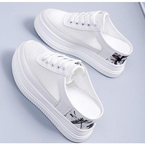 Maogu 2021 New Spring Summer Womens Slippers Outside Wear Lazy Height Thick Bottom Hollow Mesh Breathable White Shoes Women