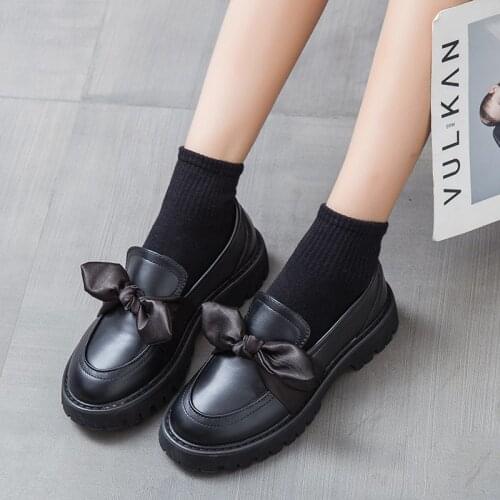 2020 Black PU Leather Bowtie Loafers Women Round Toe Slip on Flat Shoes Woman Autumn 2020 Casual Platform Shoes Ladies Flats