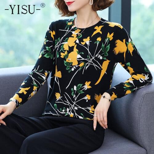 YISU Fashion Women clothing Wool Sweater Jumper O-Neck Flowers Printing tops Long sleeves Loose Female Casual Knitted pullover