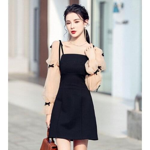 2021 New Fashion Women Spring Square Collar Lantern Sleeve Mesh Patchwork Hight Waist Sheath Bowknot Casual Office Mini Dress