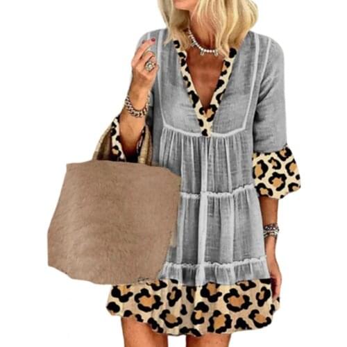 Casual Female Party Dress Leopard Patchwork Women 3/4 Sleeve V Neck Dress Fashion Harajuku Vintage Casual Loose Beach Dress