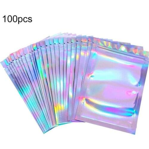100 Pieces S / M / L / XL Flat Zip Lock Bath Salt Cosmetic Lock Bag One Clear Mini Holographic Aluminum Zip Bags Foil N7G4