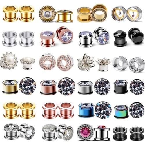 2PCS Stainless Steel Flower Ear Plugs Gauge Earring Zircon Reamer Ear Plug And Tunnel Flesh Strecher Piercing Oreja Dilataciones