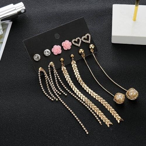 6PCS Earrings Heart-Shaped Set Long Tassel Pearl Fashion Retro Trend Simple Casual All-Match Party Birthday Gift Accessories