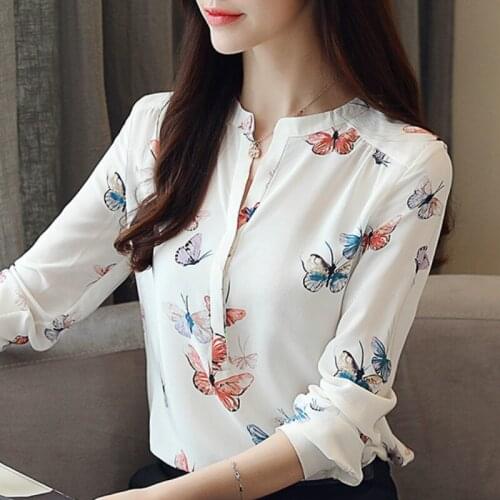 Long Sleeve Blouse Women Blusas Mujer De Moda 2021 Floral Print Chiffon Blouse Office Ladies Tops Women Shirts Top Female B618