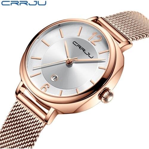CRRJU Luxury watches for women Top Brand Fashion Rose Gold Ladies Wristwatch Stainless Steel Female Calendar Quartz Clock