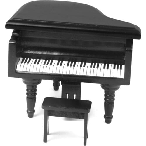 12th Dolls House Mini Wooden Piano with Chair Room Garden Decoration Accessory