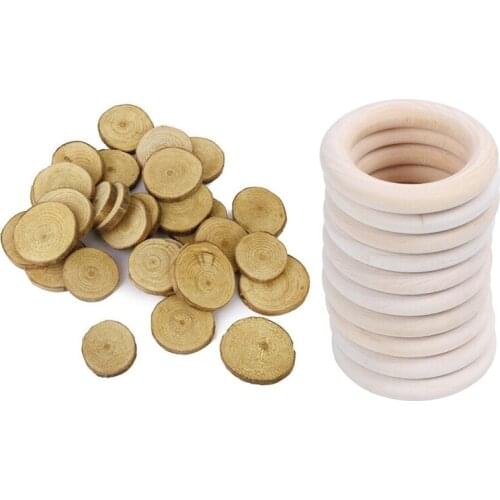 Wood Log Slices Discs 30Pcs 3-4CM for DIY Crafts Wedding Centerpieces & 10x Natural Wooden Rings, Diameter 50mm