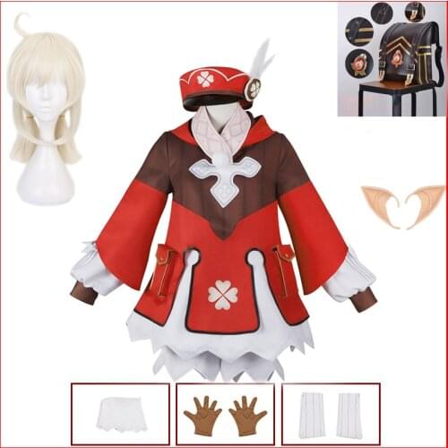 Kids adult Anime Game Genshin Impact Klee Cosplay Costume Backpack Wig Shoes Outfit Lolita Dress Women Halloween Party Costume