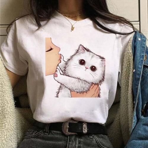 Kawaii Women T-Shirt Kiss A Cute Cat Printed Tee Shirts Casual Tops Summer Cute White T Shirts for Girls Female Clothes T-shirts