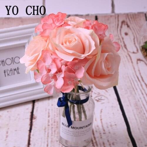 YO CHO 7 Heads Artificial Flowers Rose Hydrangea Bouquet Imitation Silk Rose Flores Home Wedding Party Decorative Faux Floristry